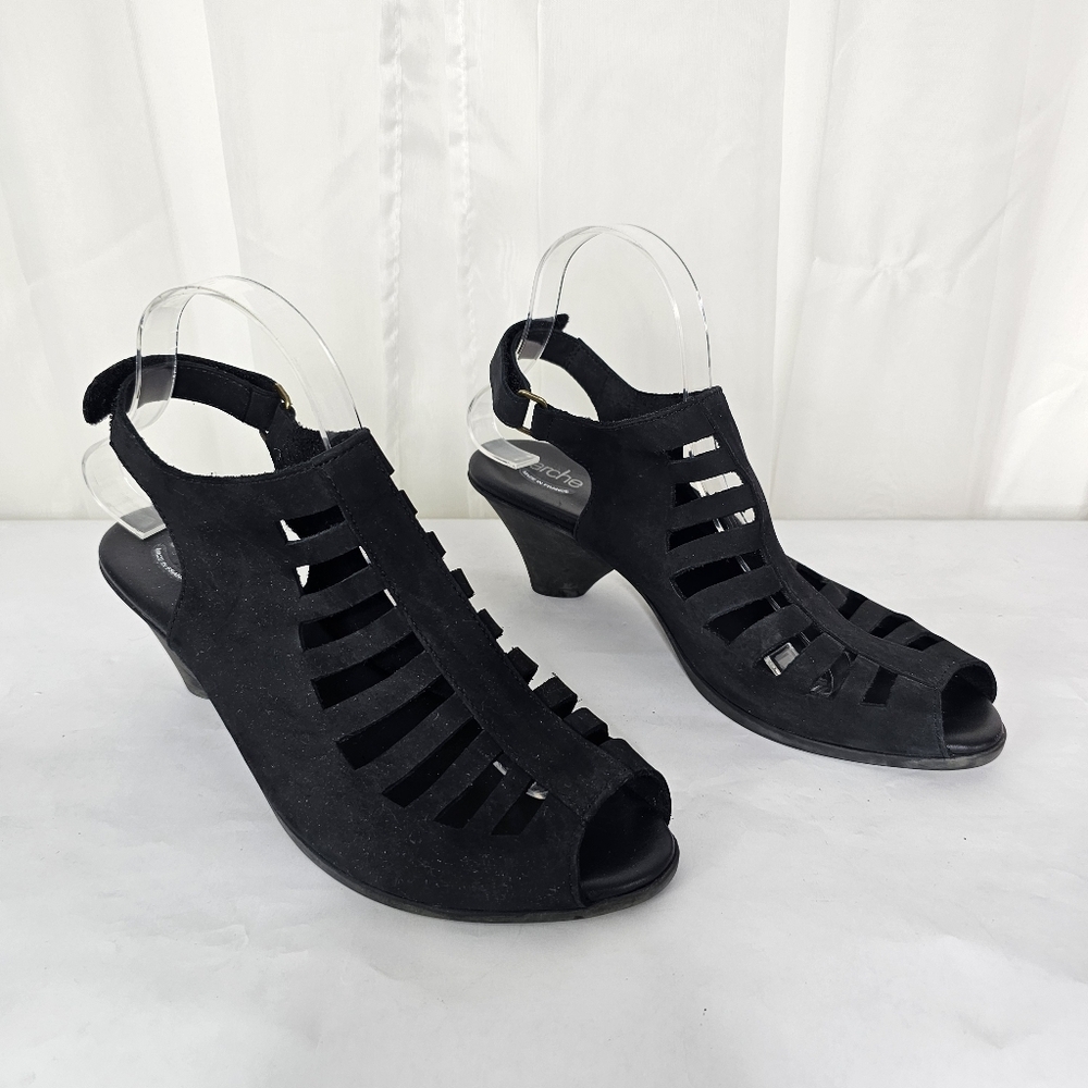 Arche Soexor Black Sueded Leather Cut Out Cage Sling Back Sandal Size 41/ US 10